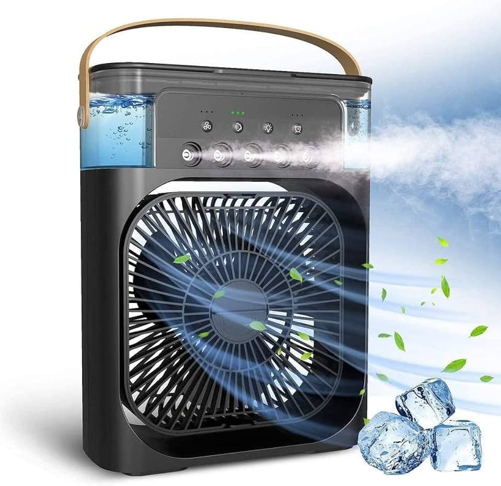Mini Air Cooler, USB Desk Fan, Personal Evaporative Cooler with 7 Colors LED Light, 1/2/3 H Timer, 3 Wind Speeds, and 3 Spray Modes for Office, Home,Travel_ab14