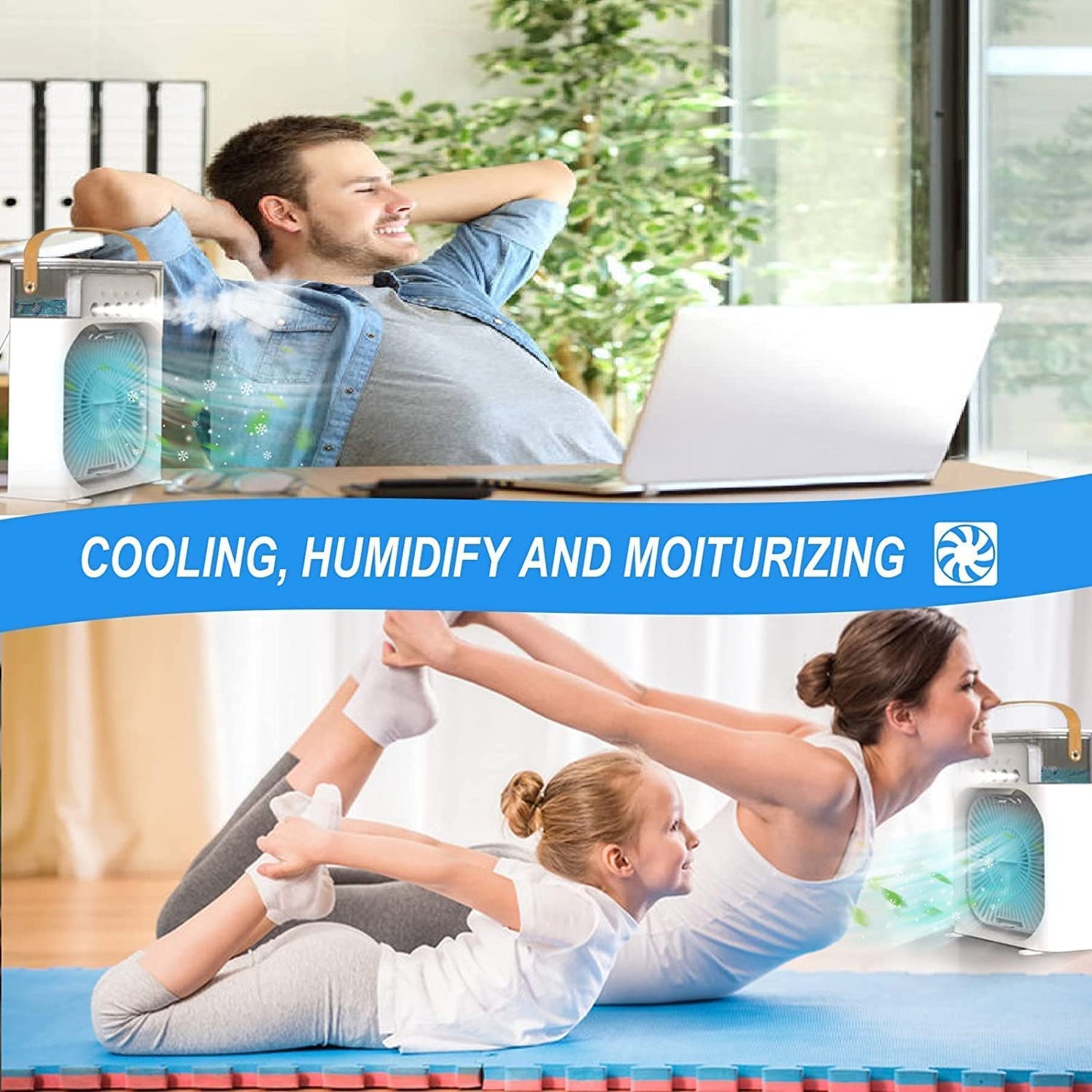 Mini Air Cooler, USB Desk Fan, Personal Evaporative Cooler with 7 Colors LED Light, 1/2/3 H Timer, 3 Wind Speeds, and 3 Spray Modes for Office, Home,Travel_ab14