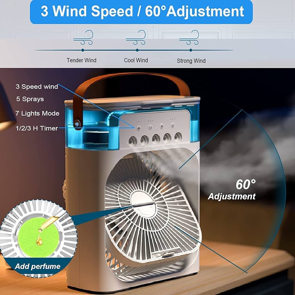 Mini Air Cooler, USB Desk Fan, Personal Evaporative Cooler with 7 Colors LED Light, 1/2/3 H Timer, 3 Wind Speeds, and 3 Spray Modes for Office, Home,Travel_ab14